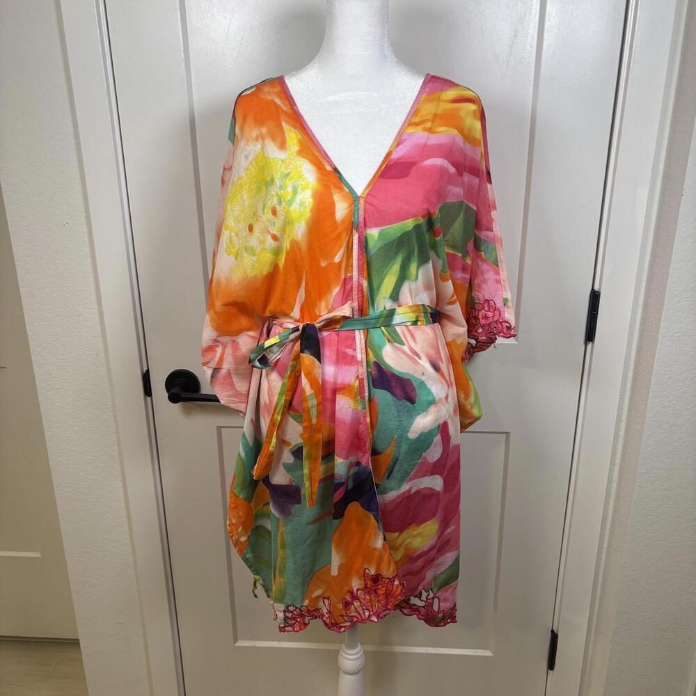 Natori Flowy Floral Print V Neck Tunic Top Dress Coverup Womens Size S Resort